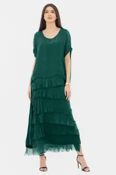 Rochie verde inchis din matase naturala cu volane franjurate suprapuse imagine