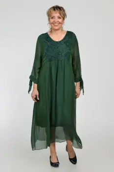 Rochie verde lunga, din matase naturala cu platca din dantela pe fata si pe spate imagine