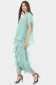 Rochie verde menta din matase si vascoza cu  volane franjurate suprapuse imagine