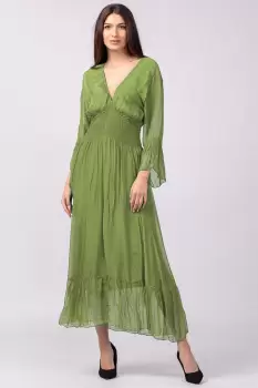 Rochie verde oliv din matase naturala cu banda elastica in talie si volane imagine