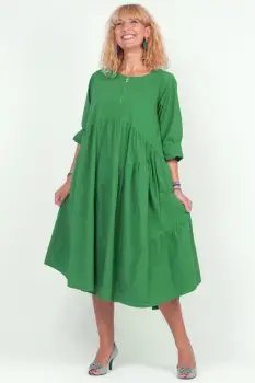 Rochie verde oversize, cu maneca scurta, cu trei volane asimetrice, din poplin satinat imagine