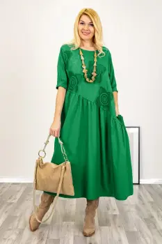 Rochie verde oversize, cu taietura oblica si broderie, din poplin si jerseu - Copie imagine