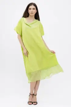 Rochie verde praz usor asimetrica A-line, din in cu guler si volan din matase, oversize imagine