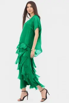 Rochie verde smarald din matase naturala cu volane franjurate suprapuse imagine