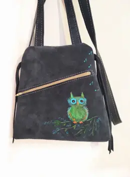 Rucsac bleumarin din piele naturala cu bufnita pictata imagine