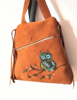 Rucsac din piele naturala camel ,cu bufnita imagine