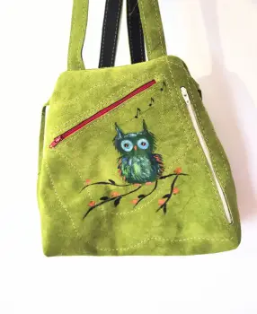 Rucsac din piele naturala olive ,cu bufnita pictata manual imagine