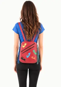 Rucsac din piele naturala rosie,cu pisicute colorate, unicat imagine