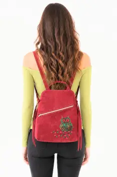 Rucsac handmade bordeaux din piele naturala intoarsa ,cu bufnita pictata imagine