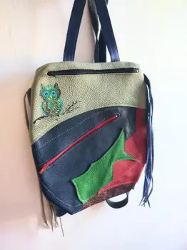 Rucsac handmade multicolor din piele naturala ,cu bufnita pictata manual imagine