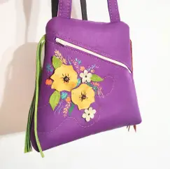 Rucsac mov din piele naturala , cu motiv floral,unicat imagine