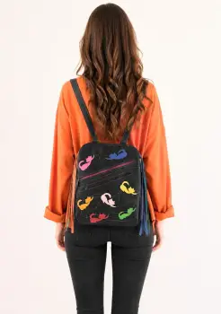 Rucsac negru din piele naturala ,cu pisicute colorate, unicat imagine