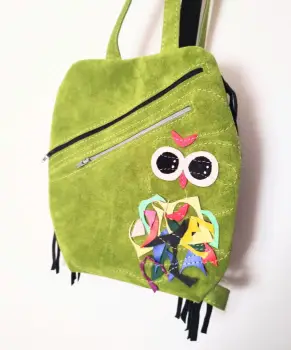Rucsac olive din piele naturala cu bufnita , unicat imagine