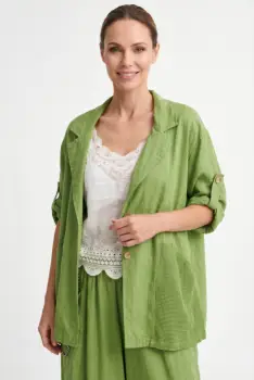 Sacou de vara din in si vascoza cu insertie de plasa, pentru marimi mari, verde olive imagine