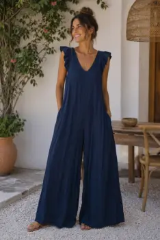 Salopeta dama din vascoza cu pantaloni palazzo si volane la umeri, bleumarin imagine