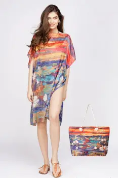 Set rochie tip poncho din matase si geanta mare de vara imagine