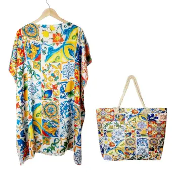 Set rochie tip poncho din matase si geanta mare de vara cu model marocan cu lamai in culori vibrante imagine