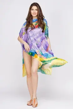 Set rochie tip poncho din matase si geanta mare de vara, imagine cu campuri de lavanda imagine