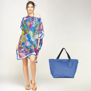 Set rochie tip poncho din matase si geanta mare de vara, in nuante de albastru imagine