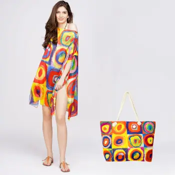 Set rochie tip poncho din matase si geanta mare de vara, reproducere dupa Kandinski imagine