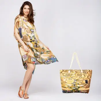 Set rochie tip poncho din matase si geanta mare de vara, reproducere dupa    Pomul Vietii    - Gustav Klimt imagine