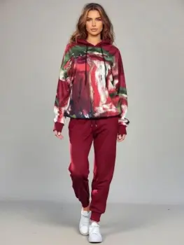 Trening dama din catifea cu hanorac imprimat si pantaloni jogger ,   bordo imagine