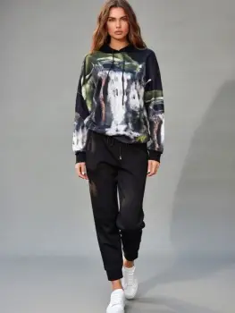 Trening dama din catifea cu hanorac imprimat si pantaloni jogger ,   gri imagine