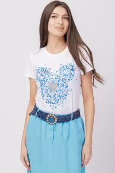 Tricou alb din bumbac cu imprimeu turcoaz-argintiu Micky stilizat si inima imagine