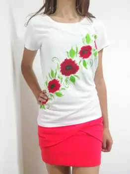 Tricou alb pictat manual cu maci imagine