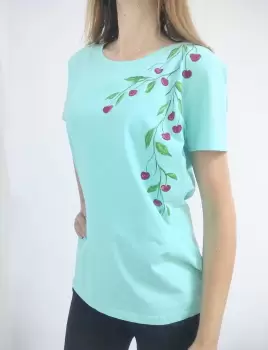 Tricou bleu pictat manual, cu cirese imagine