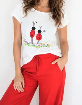 Tricou din bumbac alb, pictat manual, cu buburuze indragostite imagine