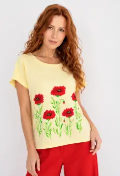 Tricou din bumbac galben, pictat manual, cu maci imagine