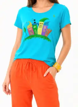 Tricou din bumbac turcoaz  pictat manual, cu pisicuta si blocuri colorate,unicat imagine