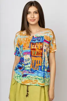 Tricou din vascoza cu imprimeu casute imagine