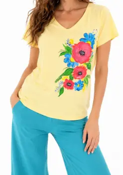 Tricou galben din bumbac  pictat manual, cu maci si flori de camp,unicat imagine