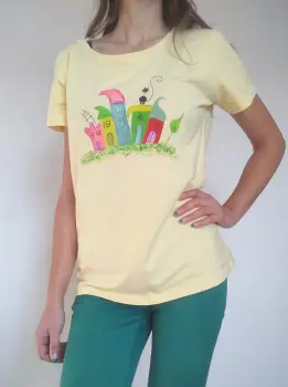 Tricou galben pal pictat manual ,cu blocuri colorate si pisicuta imagine