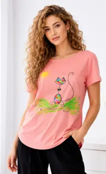 Tricou somon din bumbac pictat manual, cu pisicuta si soare ,unicat imagine