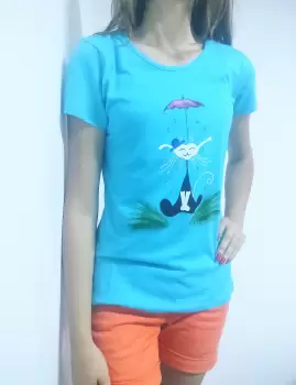 Tricou turcoaz pictat manual cu pisicuta si umbrela imagine