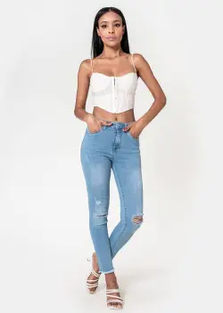 Blugi slim dama cu detalii rupte, Albastru deschis P501-6 M10 imagine