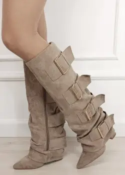 Cizme bej elegante cu toc comod 7677A-1 19 imagine