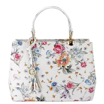 Geanta alba cu imprimeu floral din piele naturala 1330 M9 imagine
