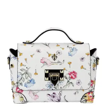 Geanta alba din piele naturala cu imprimeu floral 1616 131 imagine