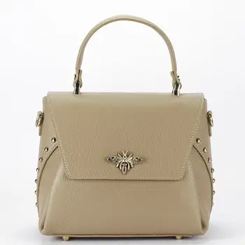 Geanta din piele naturala bej taupe cu brosa 1505A 123 imagine