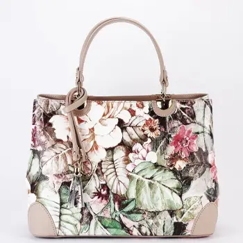 Geanta taupe cu imprimeu floral din piele naturala 1330 M9 imagine