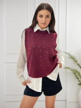 Pulover bordo fara maneci cu strasuri A-9015 M9 imagine