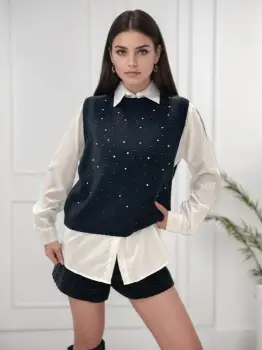 Pulover negru fara maneci cu strasuri A-9015 M9 imagine