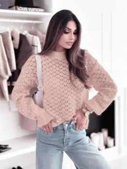 Pulover roz pudra tricotat cu model SH-G1389-WK M8 imagine