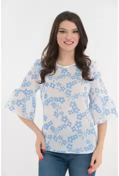 Bluza alba din bumbac cu flori bleu imagine