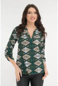 Bluza cu guler tunica si imprimeu geometric verde-alb imagine