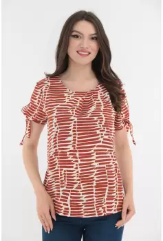 Bluza cu print abstract caramiziu si fundite la maneci imagine